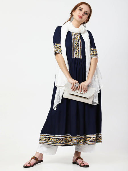 Cheera Embellished Party Wear Anarkali Dress - Navy Blue