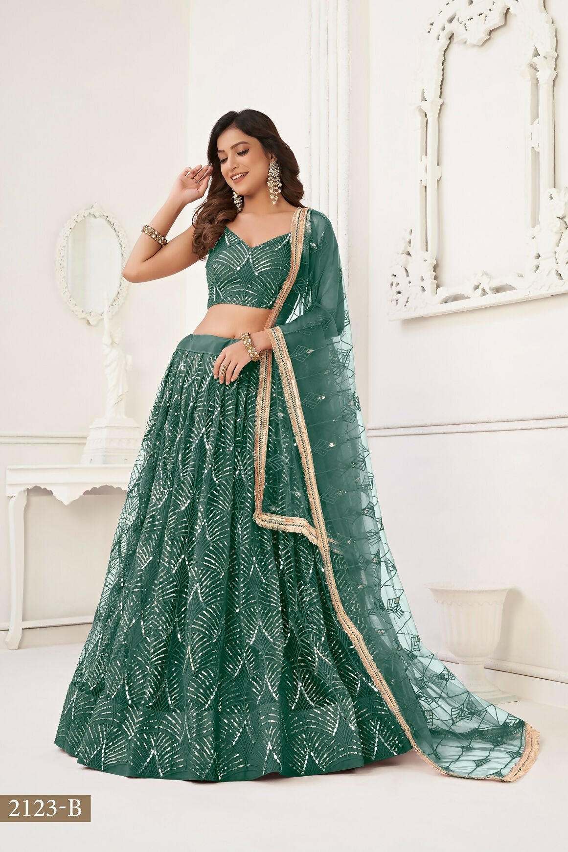 Eilara Glamorous Bottle Green Net With Sequins And Thread Embroidery Real Mirror Work Lehenga Choli For Wedding