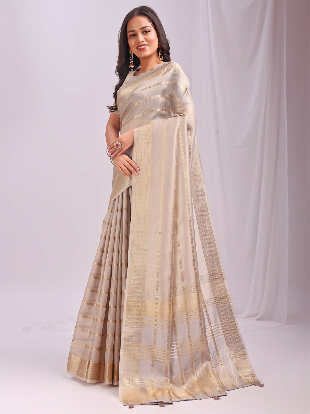 Shree Shyam Fashion Organza Cream Saree - Distacart