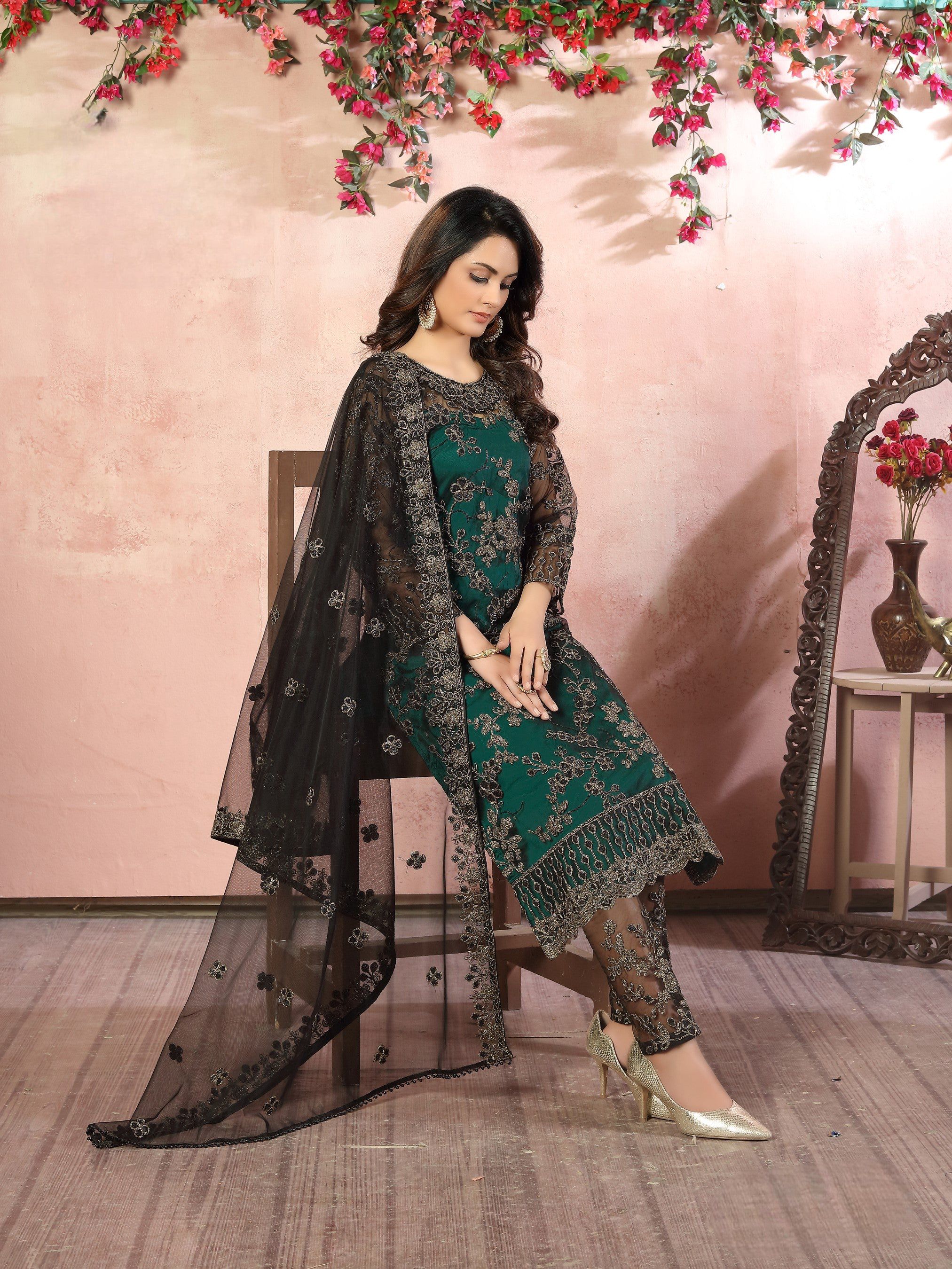 Anaita Green Embroidered Net Salwar Suit - Distacart