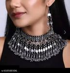 Tehzeeb Creations Women's Silver Colour Oxidised Necklace Set With Mirror Work