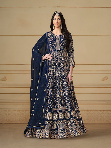 Anaita Navy Blue Embroidered Faux Georgette Anarkali Suit