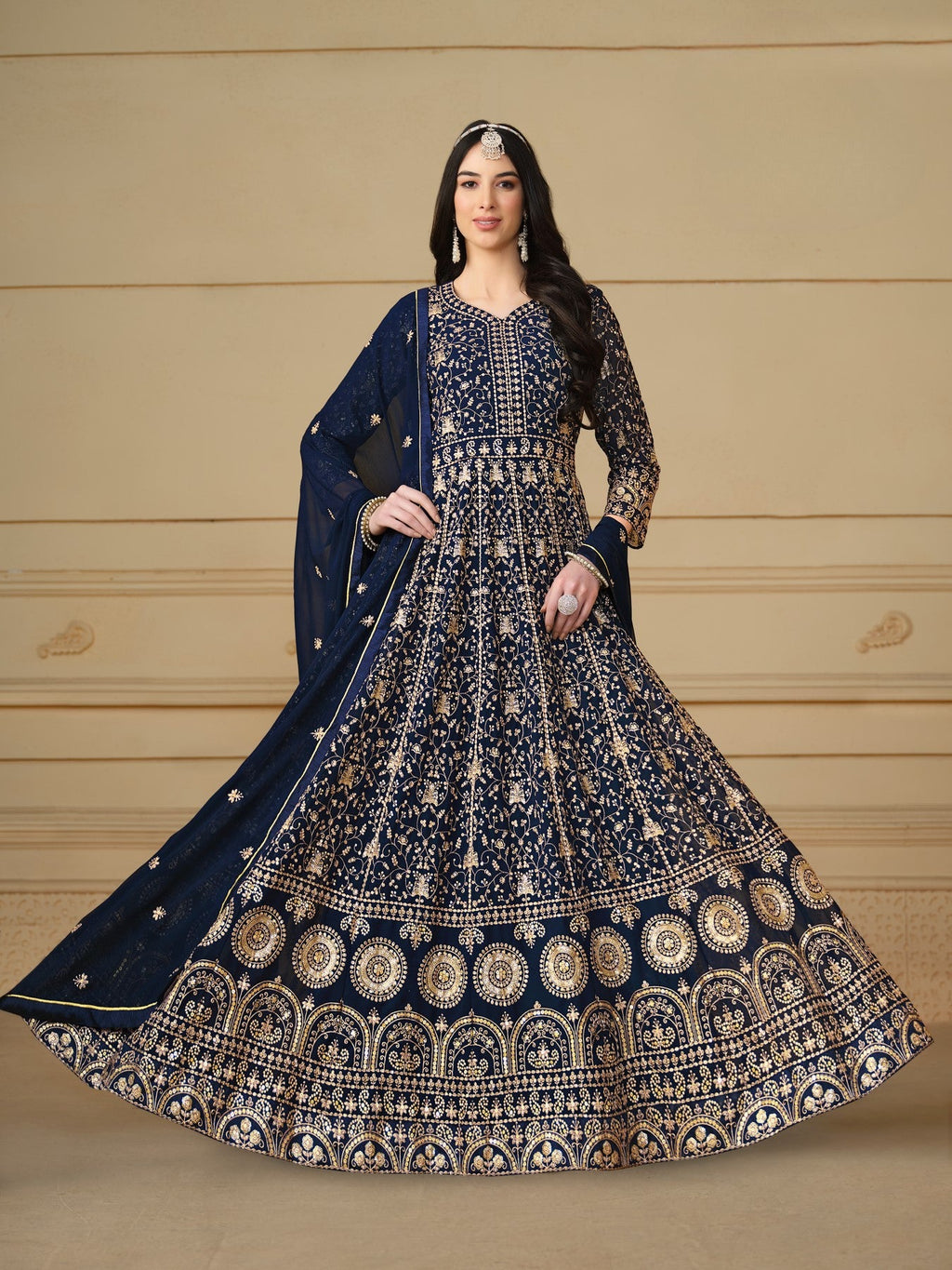Anaita Navy Blue Embroidered Faux Georgette Anarkali Suit - Distacart