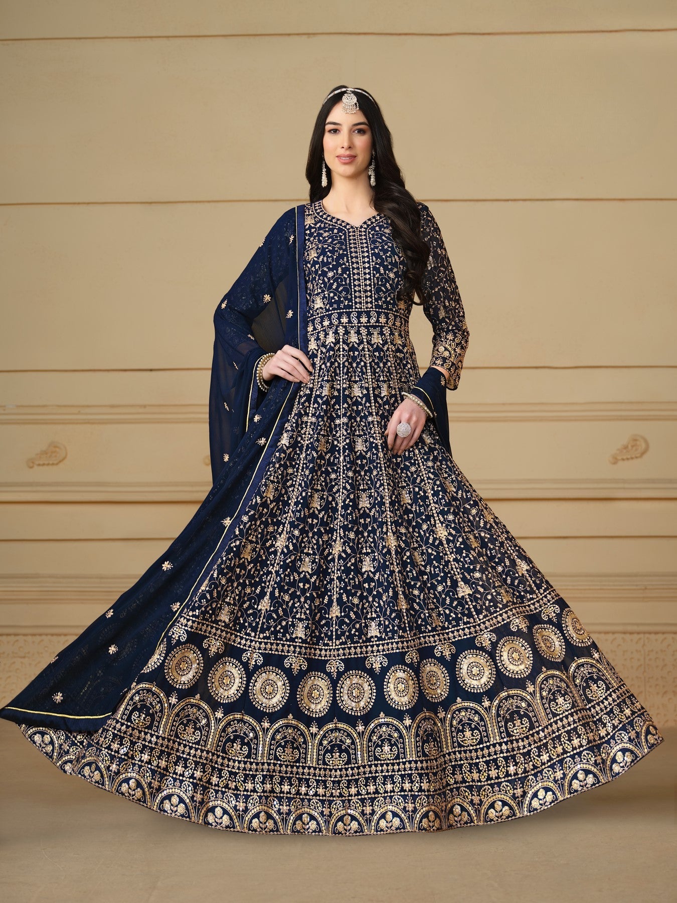 Anaita Navy Blue Embroidered Faux Georgette Anarkali Suit - Distacart