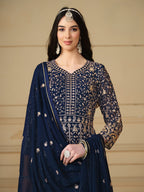 Anaita Navy Blue Embroidered Faux Georgette Anarkali Suit - Distacart