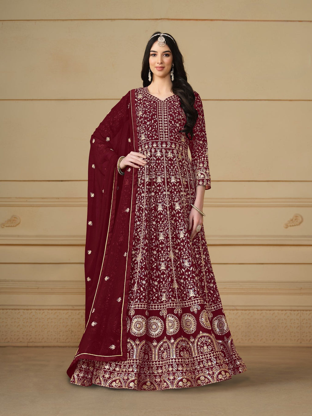 Anaita Maroon Embroidered Faux Georgette Anarkali Suit - Distacart