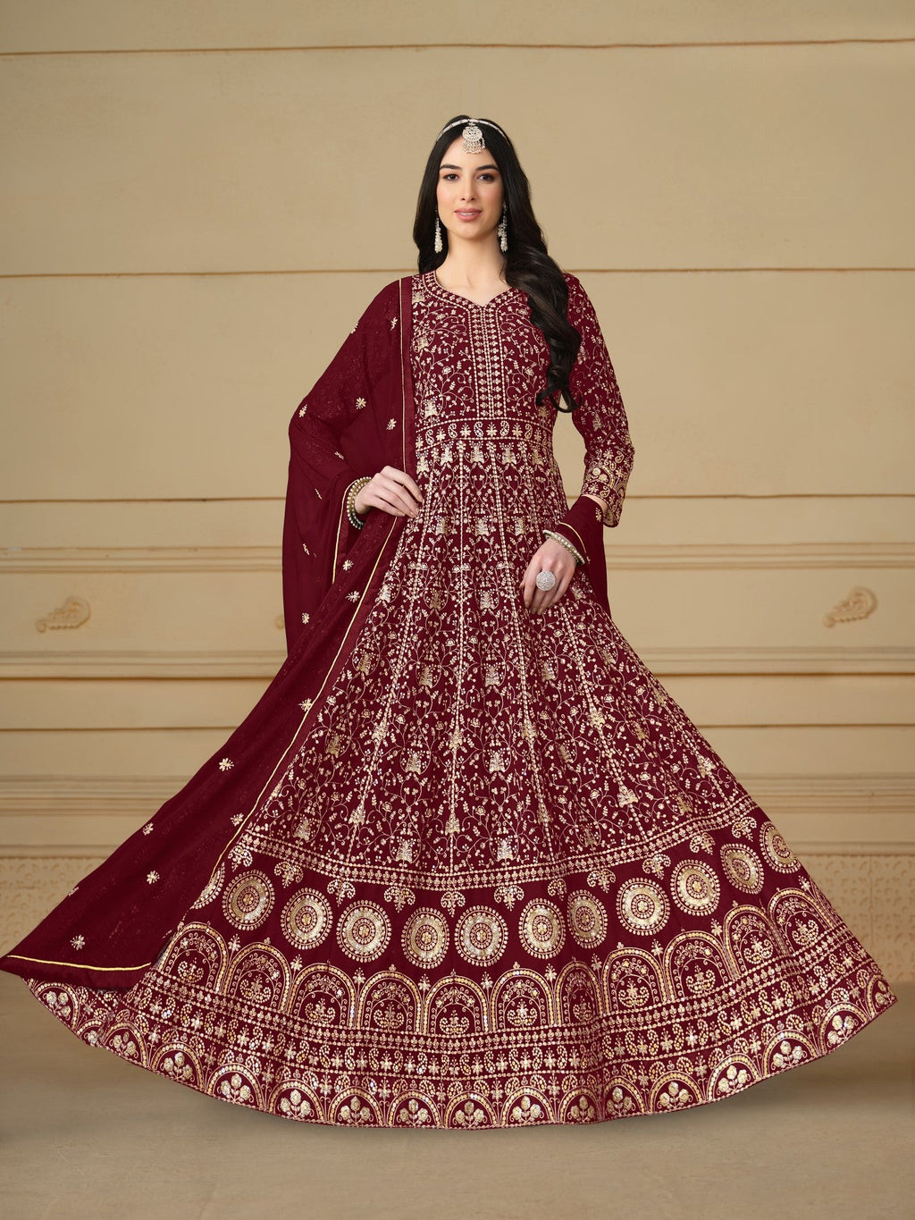 Anaita Maroon Embroidered Faux Georgette Anarkali Suit - Distacart