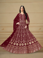 Anaita Maroon Embroidered Faux Georgette Anarkali Suit - Distacart