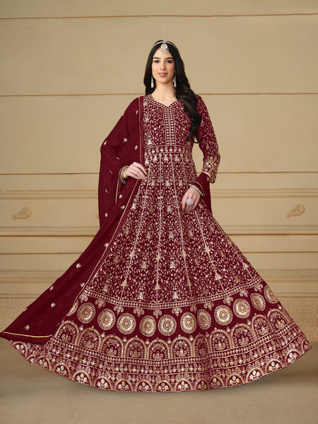 Anaita Maroon Embroidered Faux Georgette Anarkali Suit