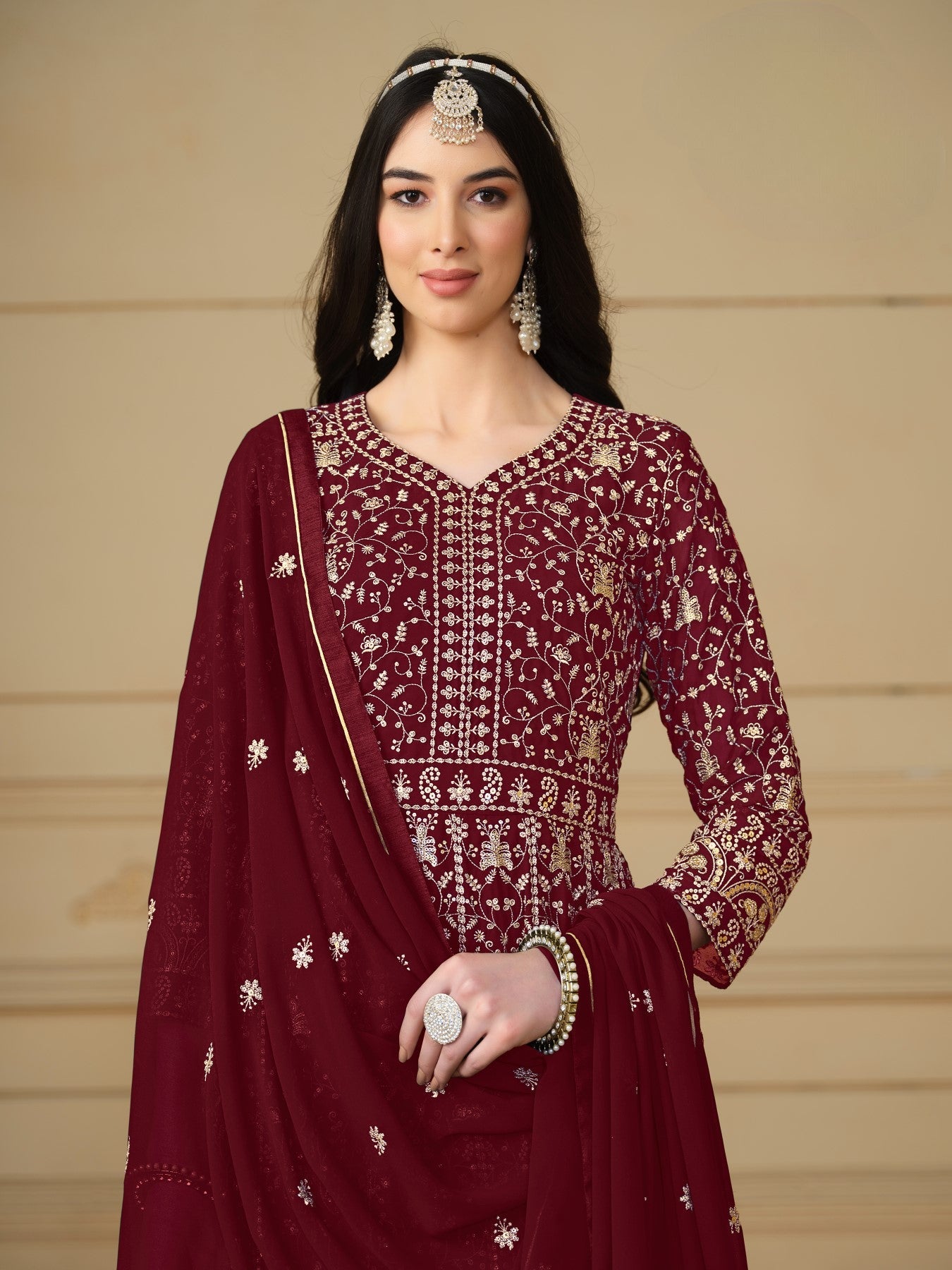 Anaita Maroon Embroidered Faux Georgette Anarkali Suit - Distacart