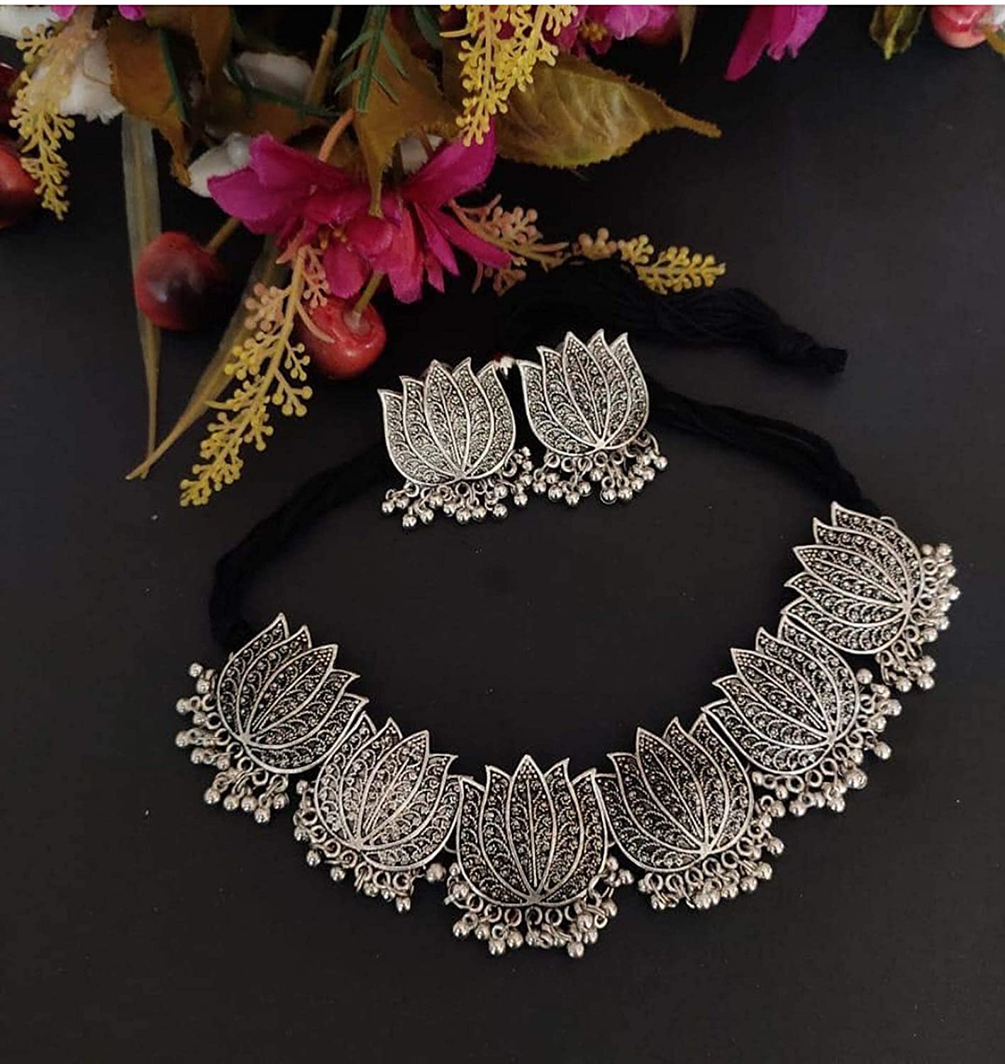 Silver-Plated Alloy Oxidised Lotus Petals Necklace - The Pari