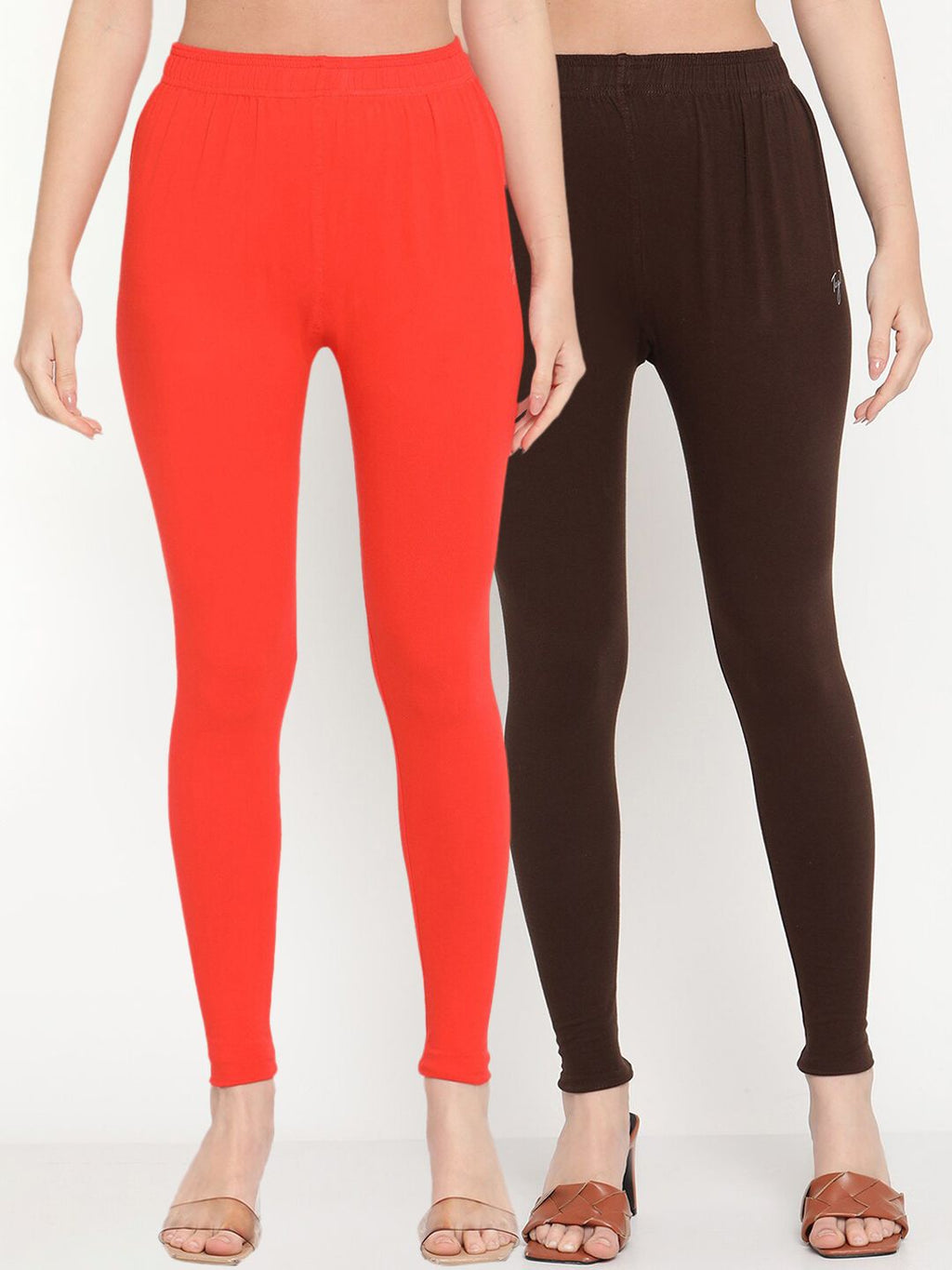 TAG 7 Women Orange & Brown Solid Ankle-Length Leggings Pack Of 2