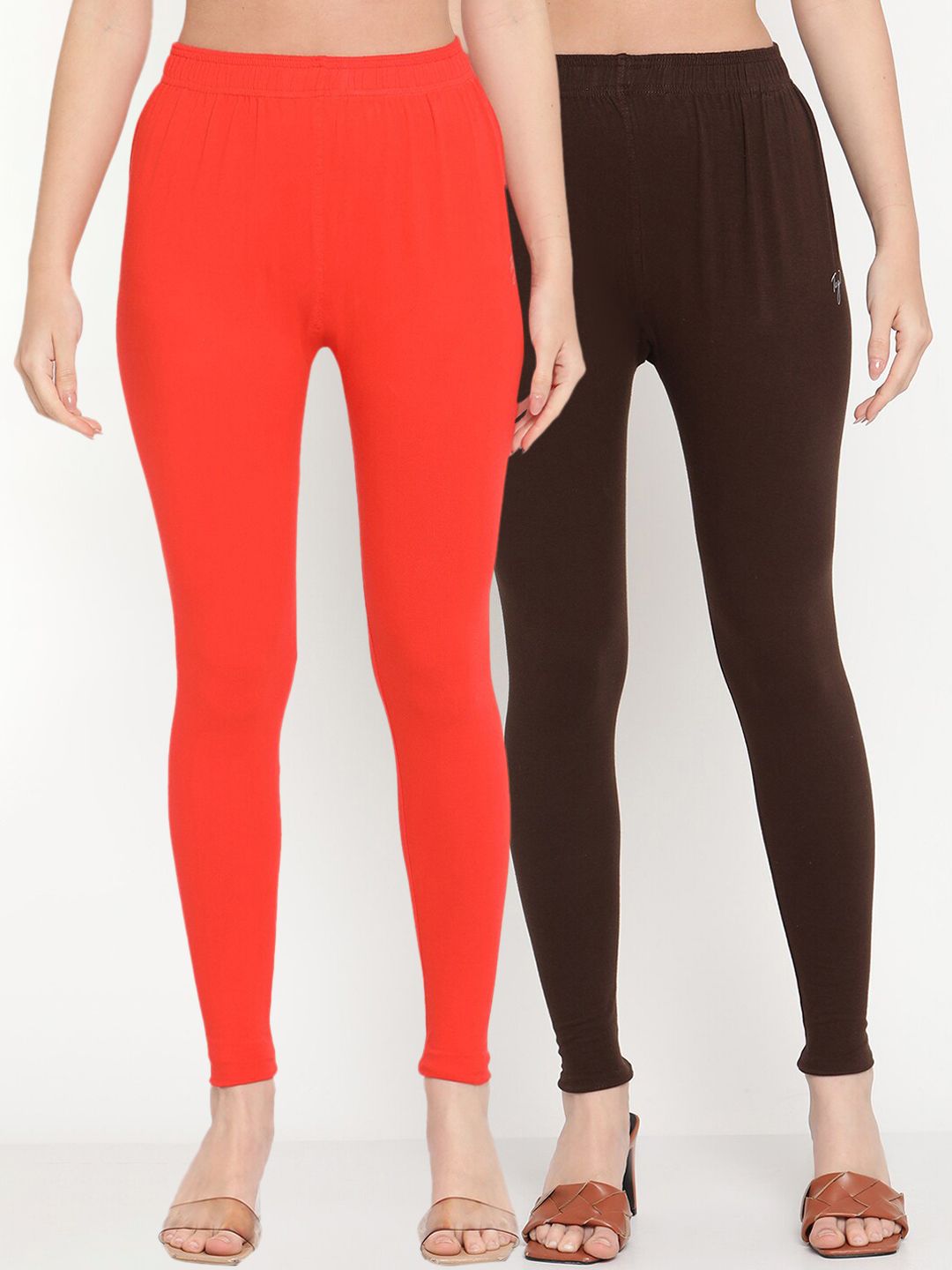 TAG 7 Women Orange & Brown Solid Ankle-Length Leggings Pack Of 2
