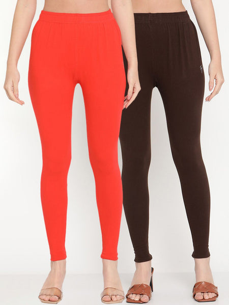 TAG 7 Women Orange & Brown Solid Ankle-Length Leggings Pack Of 2