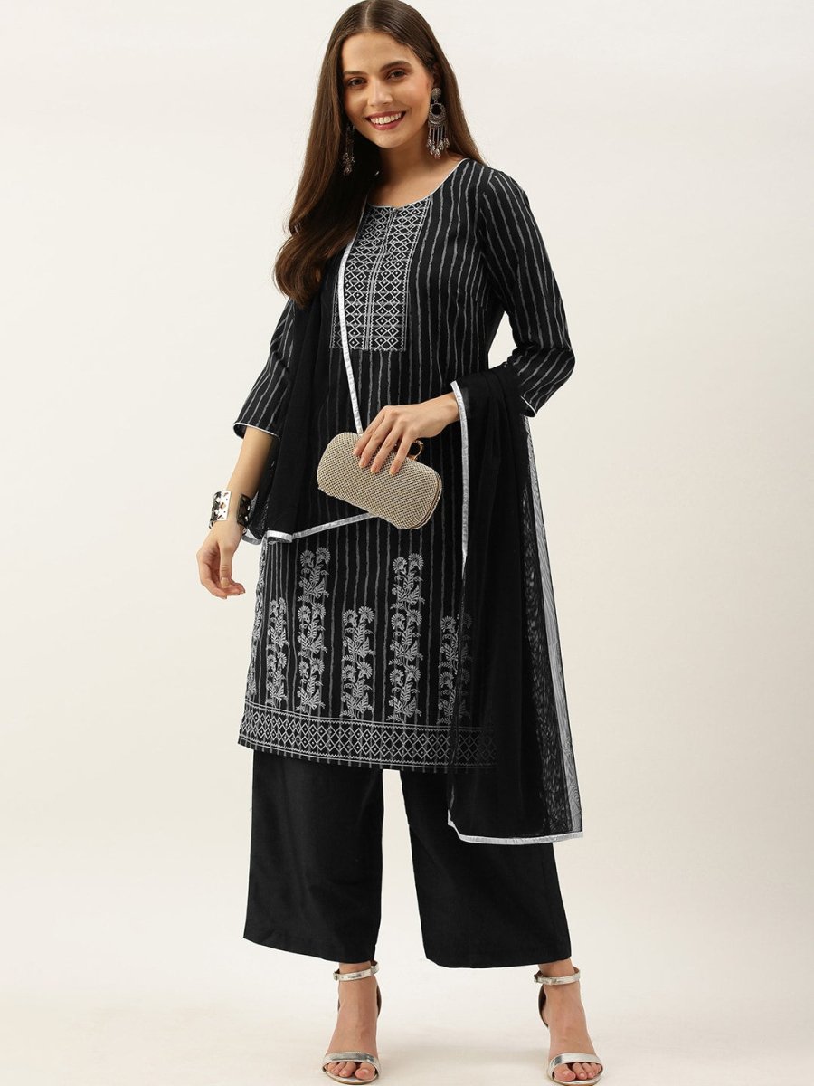 All About You Women Black & Grey Striped Keyhole Neck Kurta with Palazzos & Dupatta