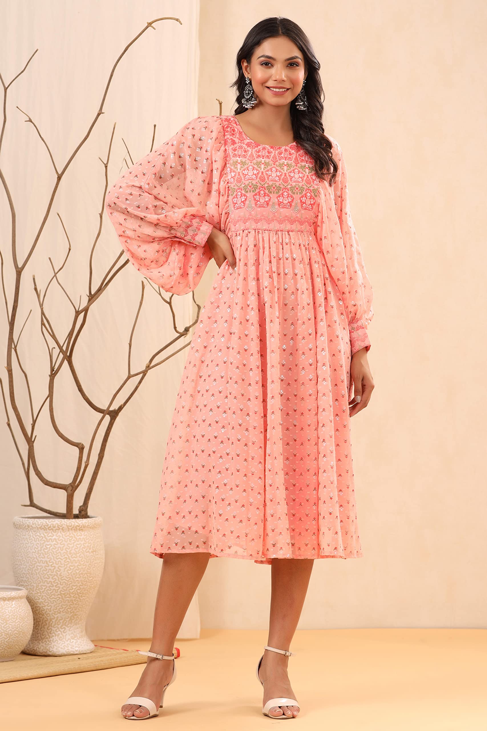 Juniper Women's Peach Ethnic Motif Printed Georgette Midi Dress With Sequins Work - Distacart
