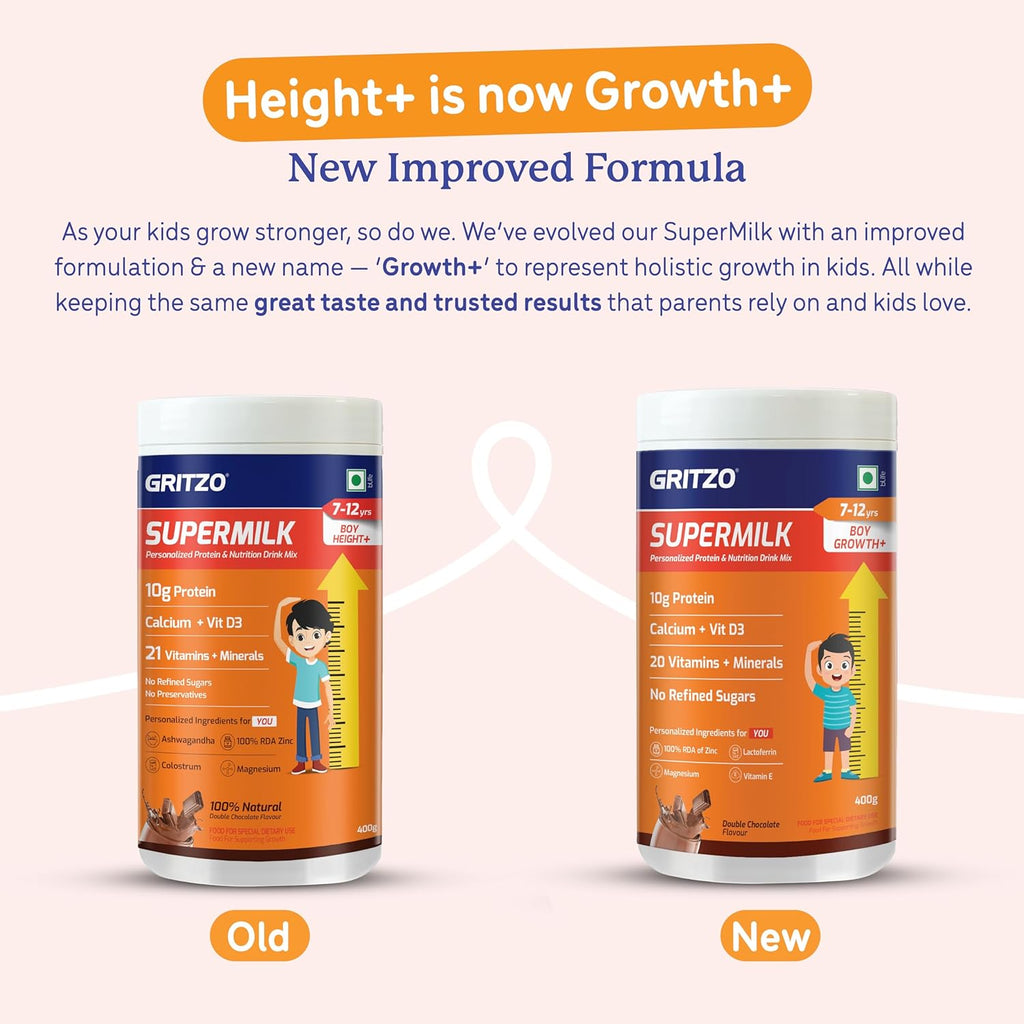 Gritzo SuperMilk Height+ (7-12y Boys), 10g Protein Powder - Double Chocolate - Distacart