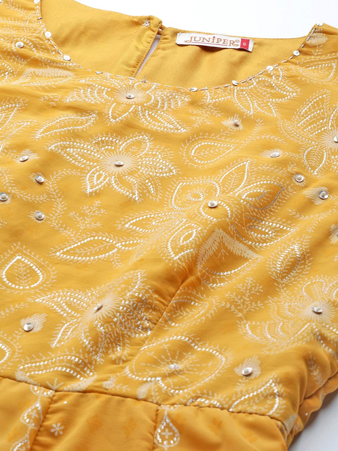 Juniper Women's Yellow Floral Printed Georgette Maxi Dress With Beads Kantha Work & Sequins At Neckline - Distacart