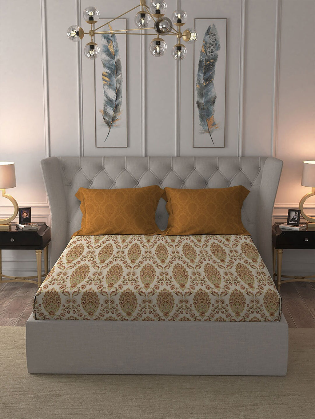 MYTRIDENT Celebration Cream-Coloured Ethnic Cotton 144 TC Queen Bedsheet & 2 Pillow Covers
