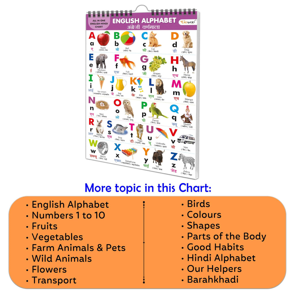 ENGLISH-HINDI Chart For Kids (16 Charts ) 36 x 50 cm - Children Spiral Wall Picture Chart