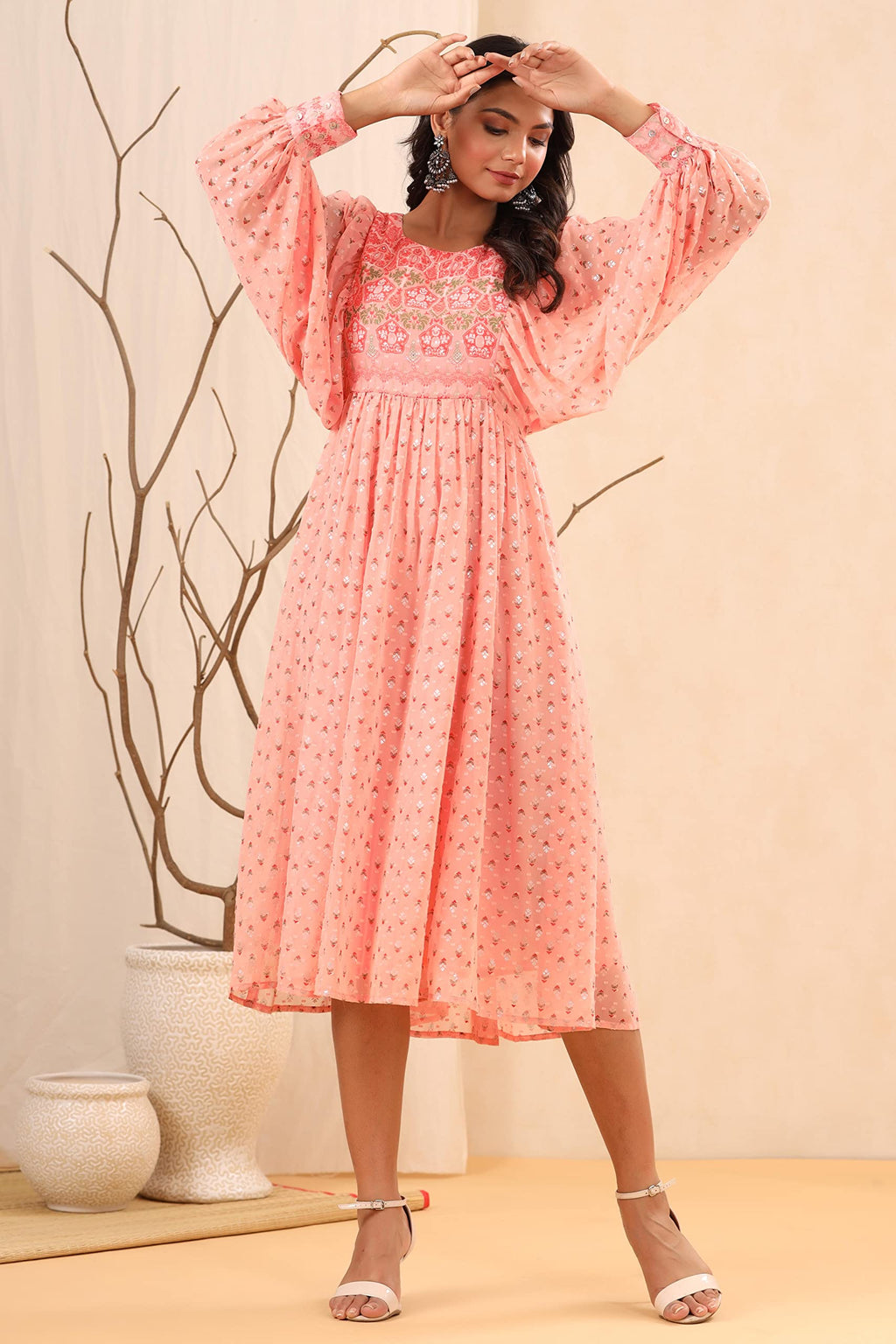 Juniper Women's Peach Ethnic Motif Printed Georgette Midi Dress With Sequins Work - Distacart