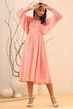 Juniper Women's Peach Ethnic Motif Printed Georgette Midi Dress With Sequins Work - Distacart