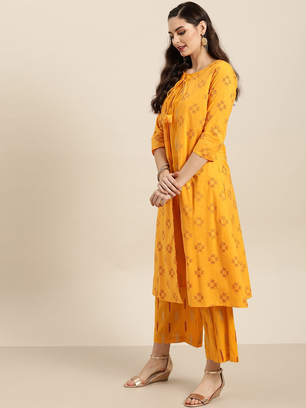Sangria Women Mustard Yellow & Red Pure Cotton Printed Kurta with Palazzos