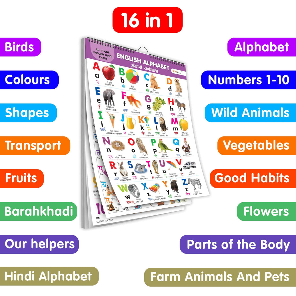 ENGLISH-HINDI Chart For Kids (16 Charts ) 36 x 50 cm - Children Spiral Wall Picture Chart