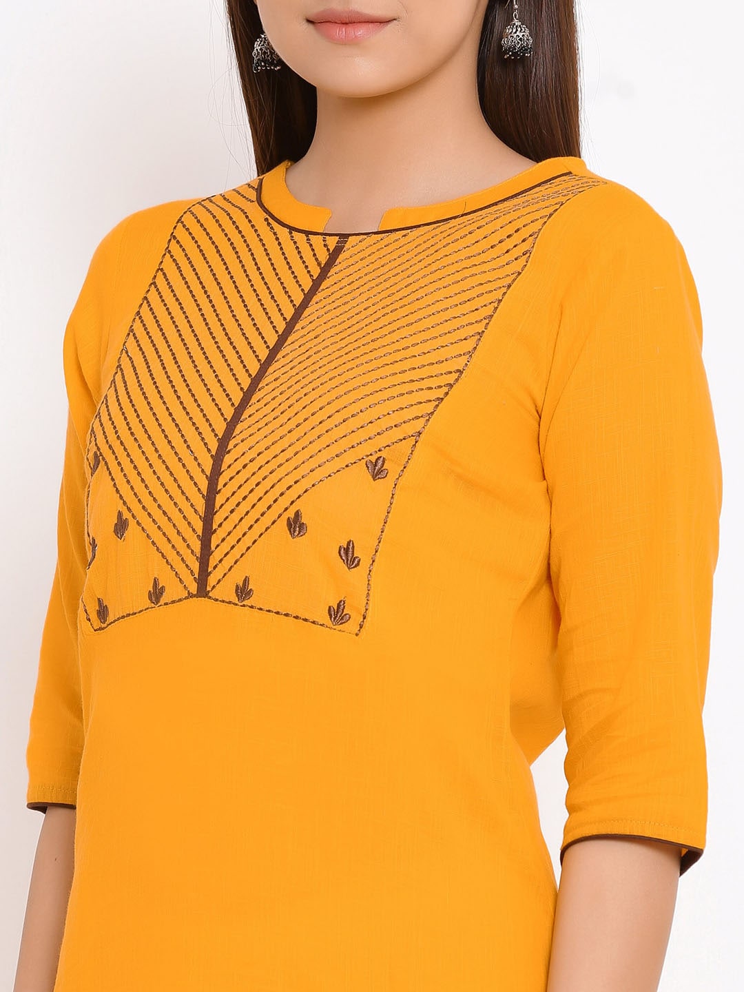 HERE&NOW Yellow Geometric Yoke Design Thread Work Kurta