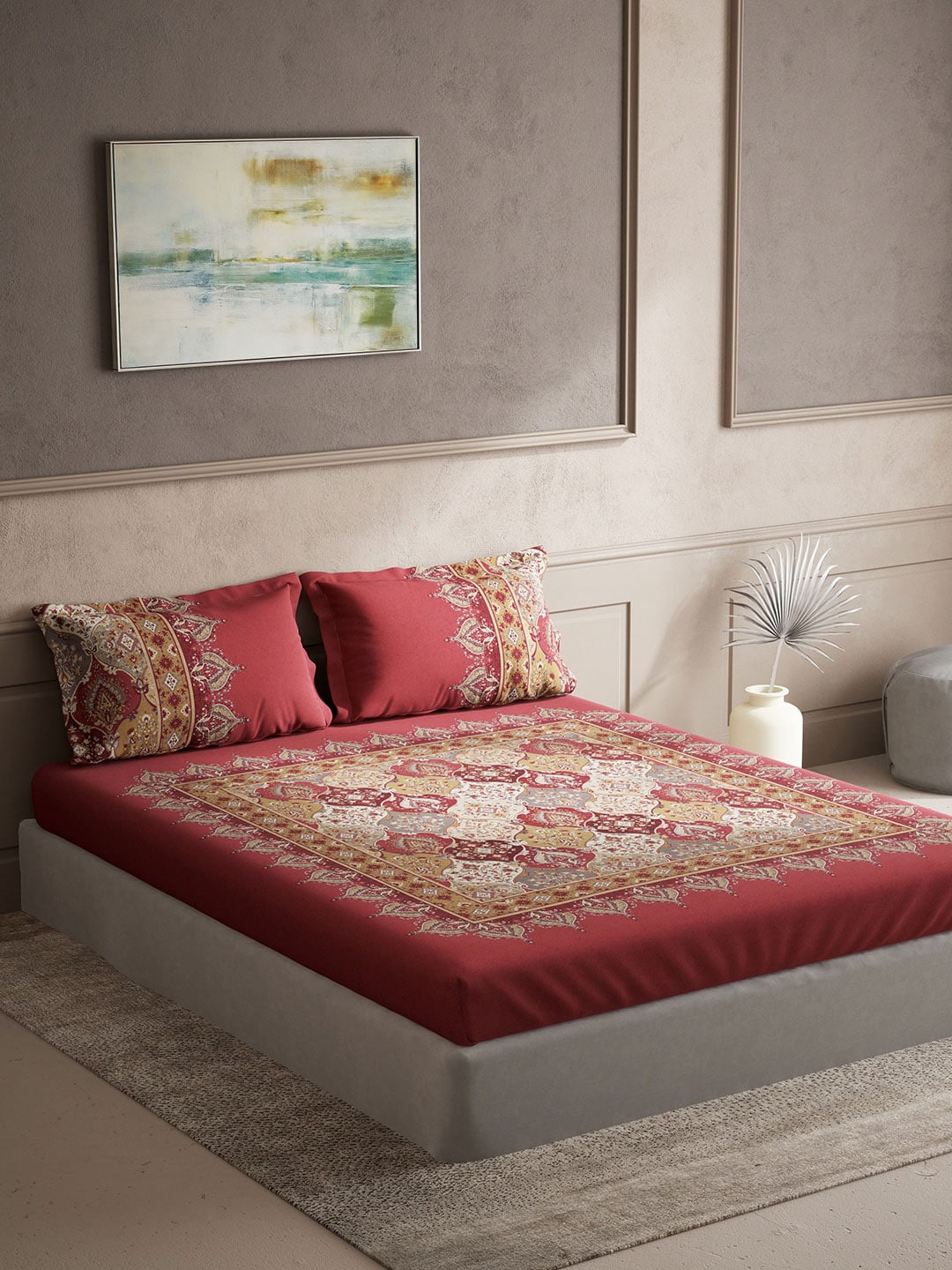 DDecor Red & White Ethnic Motifs Cotton 140 TC King Bedsheet with 2 Pillow Covers