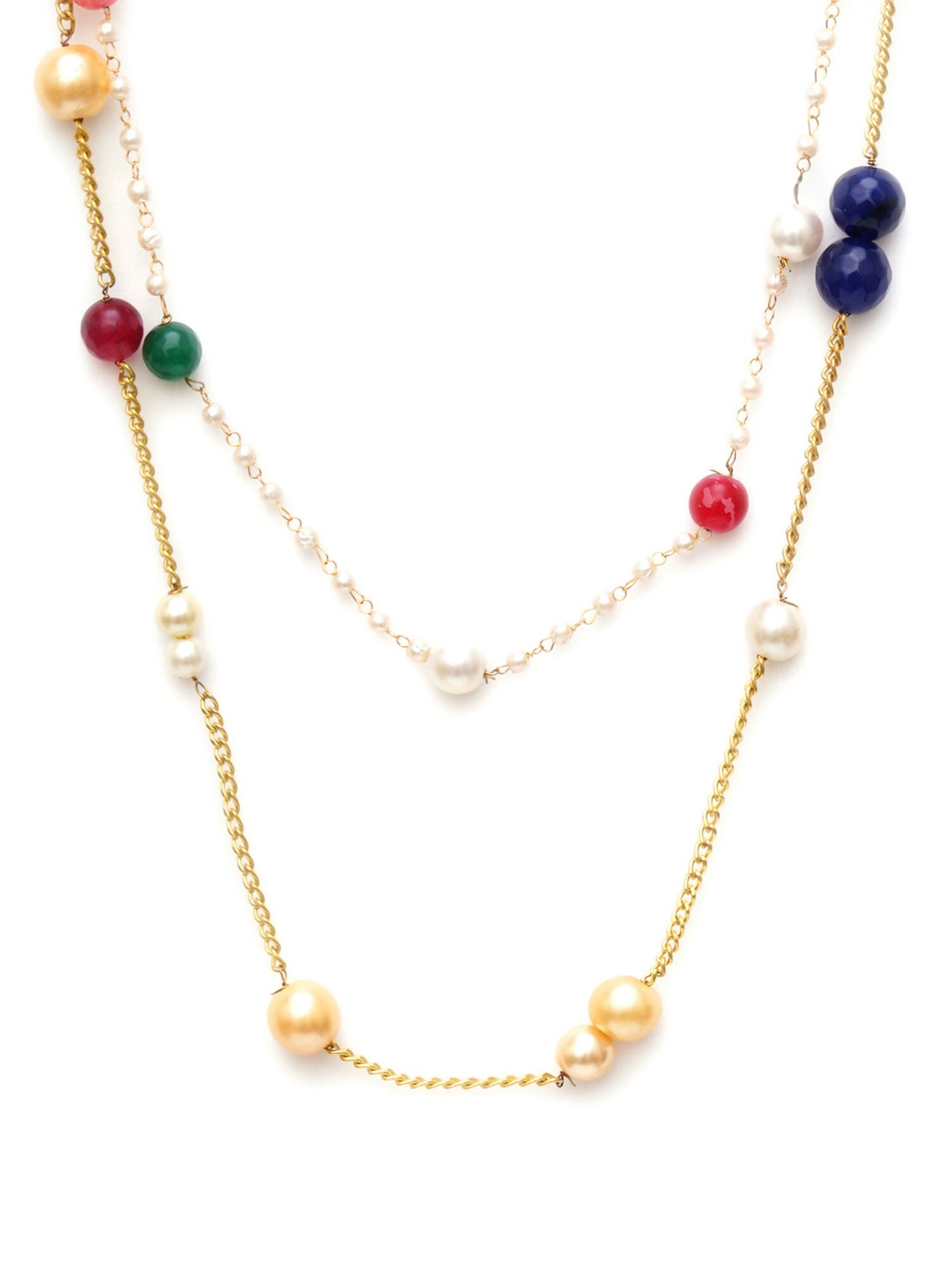 Layered Pearl and Gold Neckpiece with Multi Stones (Multi Color) - Ruby Raang