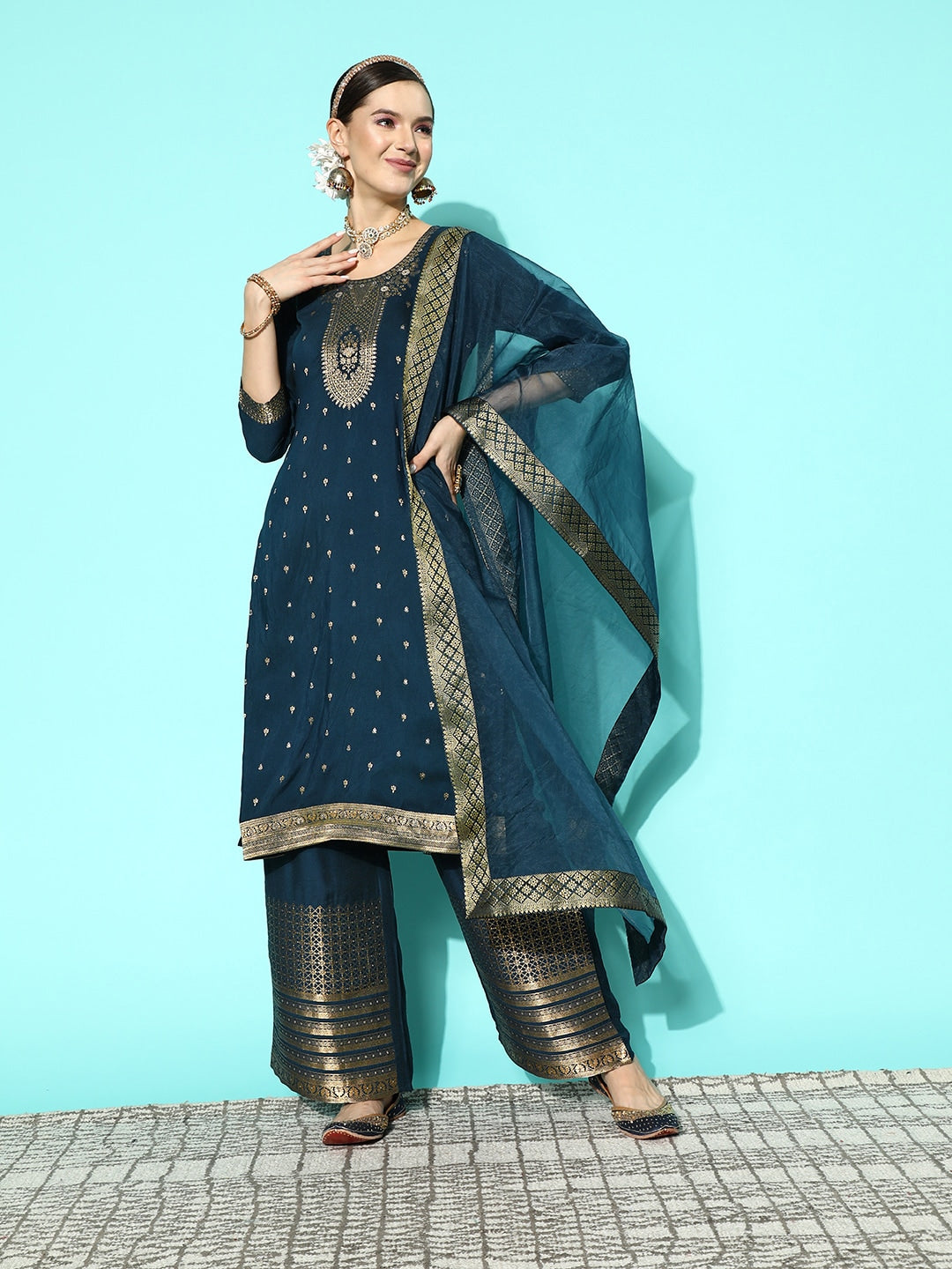 Sangria Women Floral Yoke Design Regular Kurta with Palazzos & With Dupatta