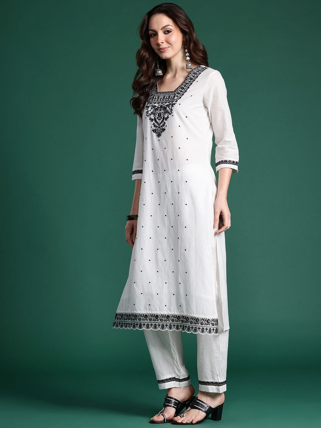 Indo Era Floral Embroidered Pure Cotton Kurta with Trousers & Dupatta - Distacart