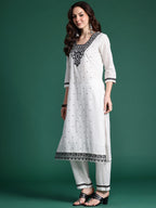 Indo Era Floral Embroidered Pure Cotton Kurta with Trousers & Dupatta - Distacart