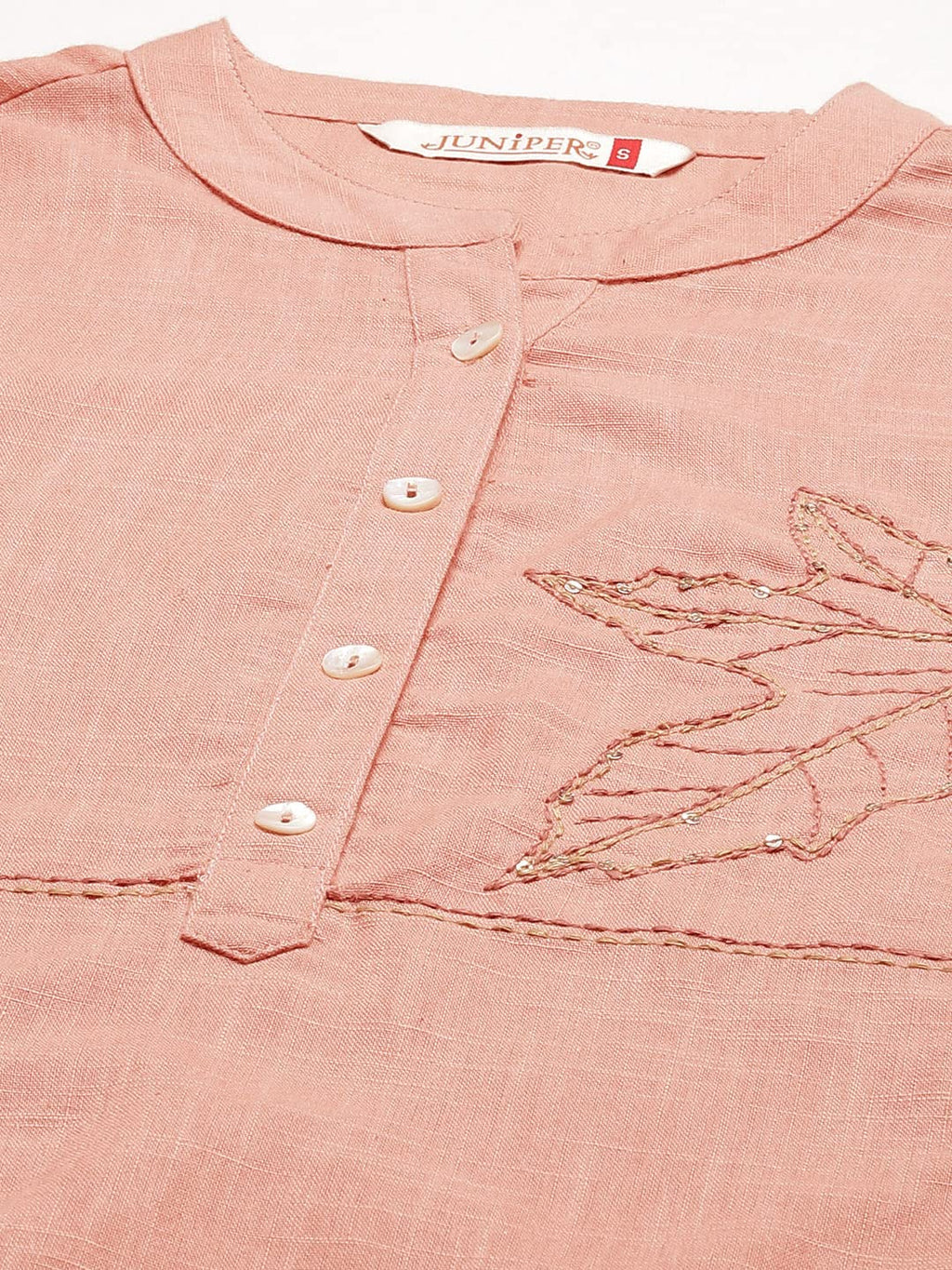 Juniper Women's Peach Embroidered Cotton Slub High-Low Tunic