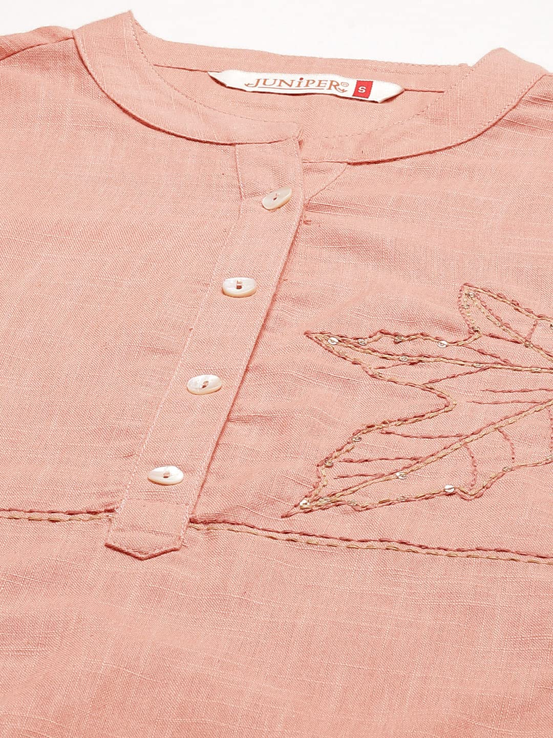 Juniper Women's Peach Embroidered Cotton Slub High-Low Tunic