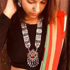 Silver-Plated Alloy Long Kundan Studded Silver Oxidised Necklace - The Pari