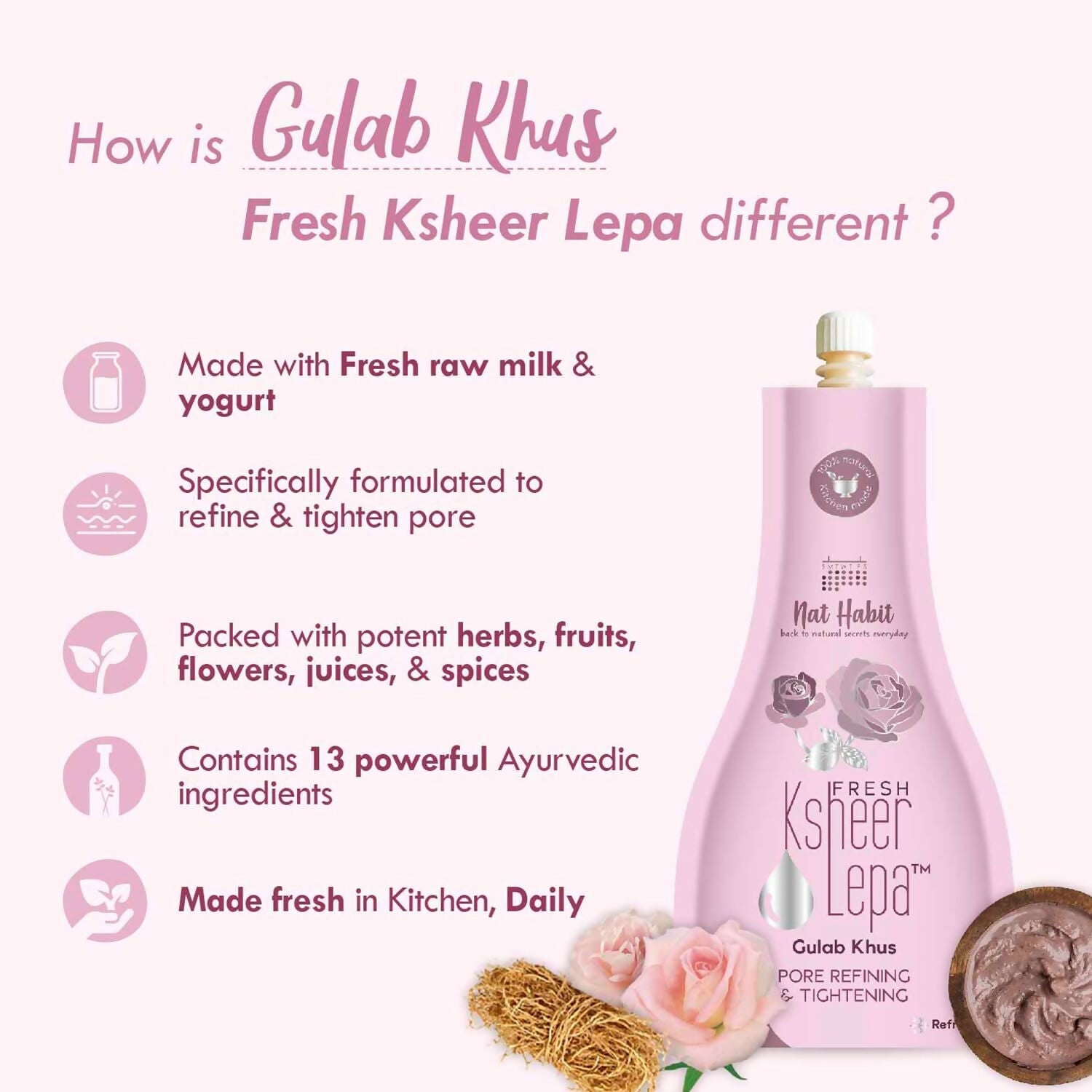 Nat Habit Fresh Gulab Khus Ksheer Lepa Face Mask For Pore Refining, Tightening - Distacart