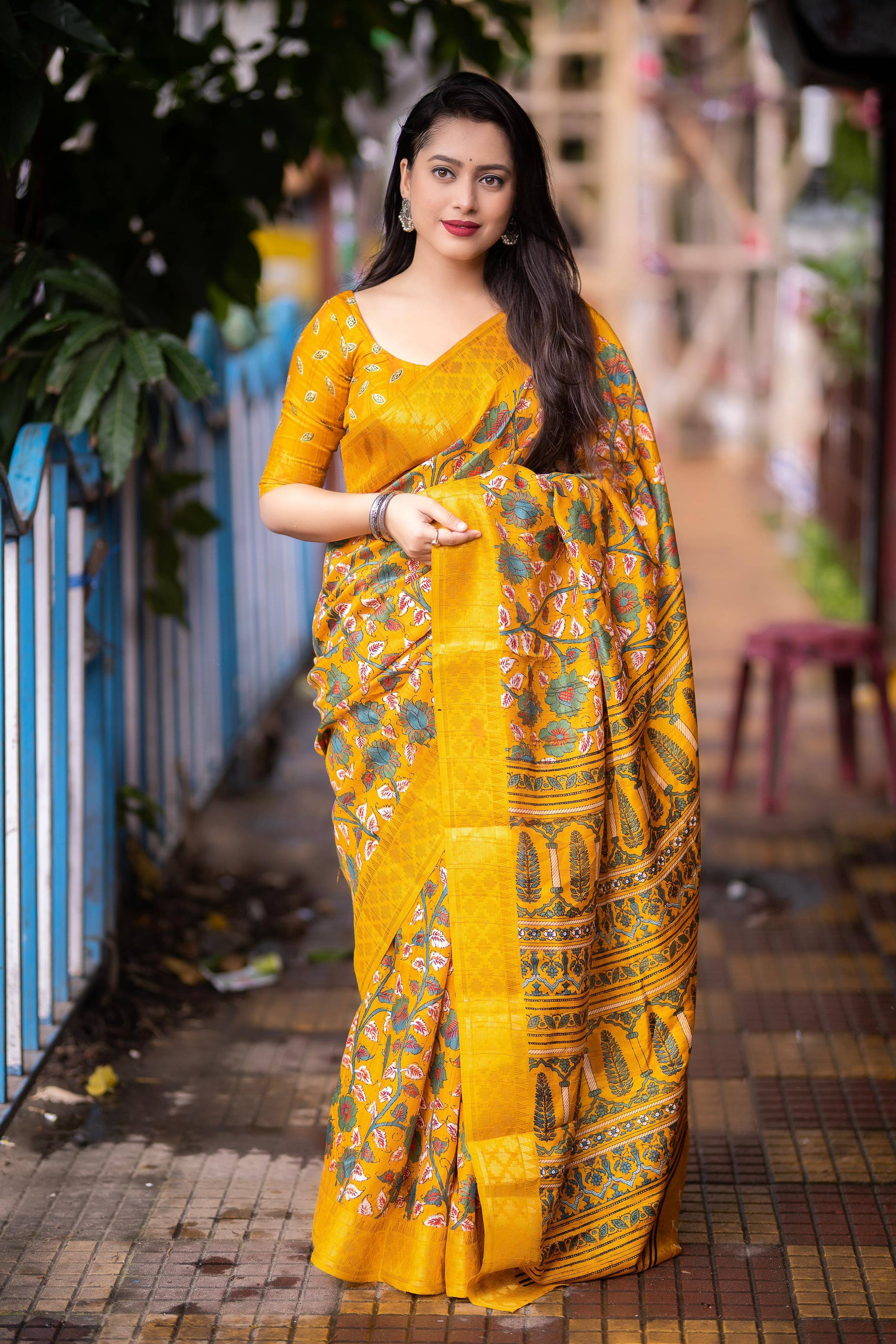 Mustard Slub Silk Printed Saree with Unstitched Blouse - Hiral Fashion