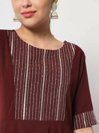 FIORRA Women's Maroon Poly Crepe Flared Kurta With Dupatta