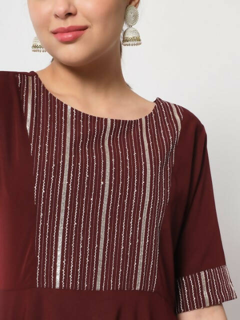 FIORRA Women's Maroon Poly Crepe Flared Kurta With Dupatta