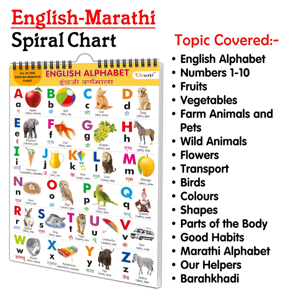 ENGLISH-MARATHI Chart For Kids (16 Charts ) 36 x 50 cm - Children Spiral Wall Picture Chart
