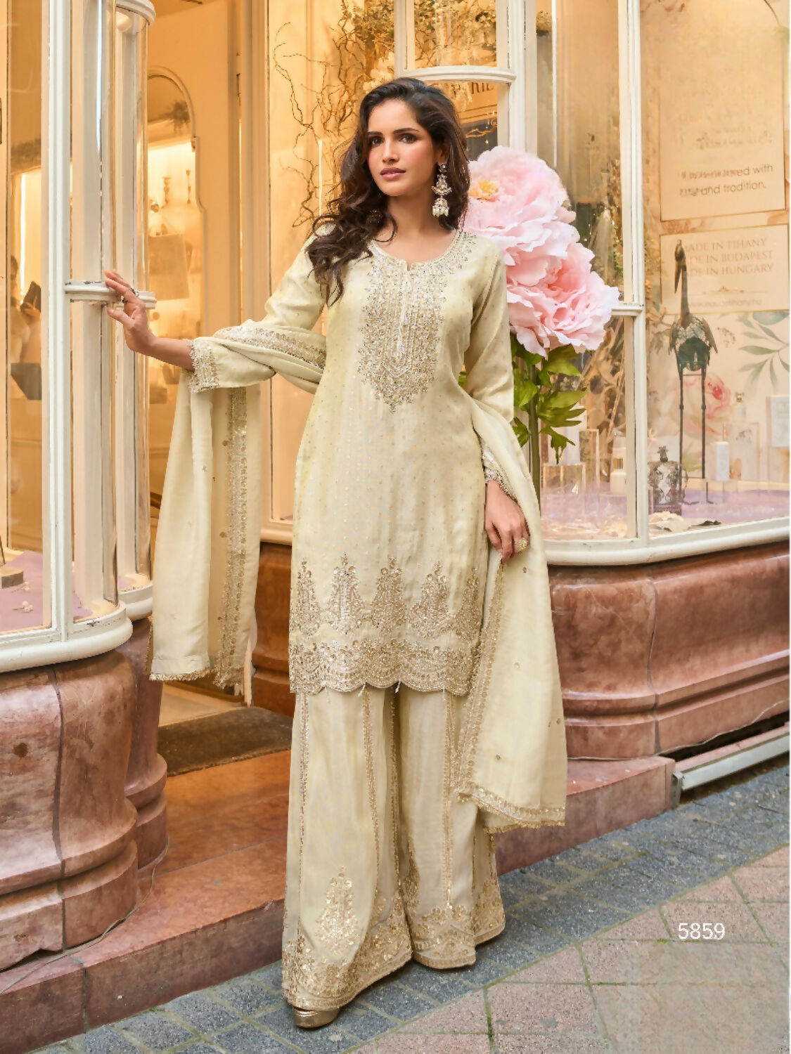 Anaita Beige Viscose Silk Readymade Palazzo Suit with Embroidery Work - Distacart