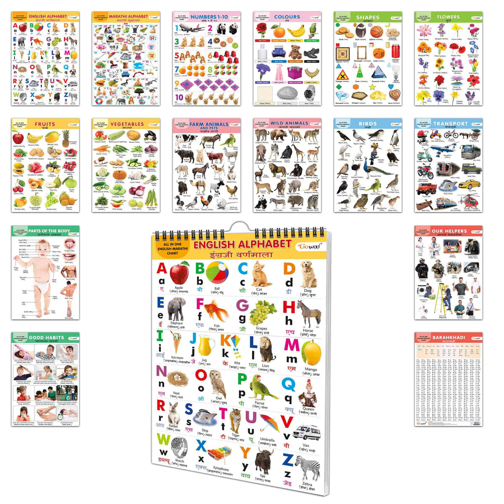 ENGLISH-MARATHI Chart For Kids (16 Charts ) 36 x 50 cm - Children Spiral Wall Picture Chart
