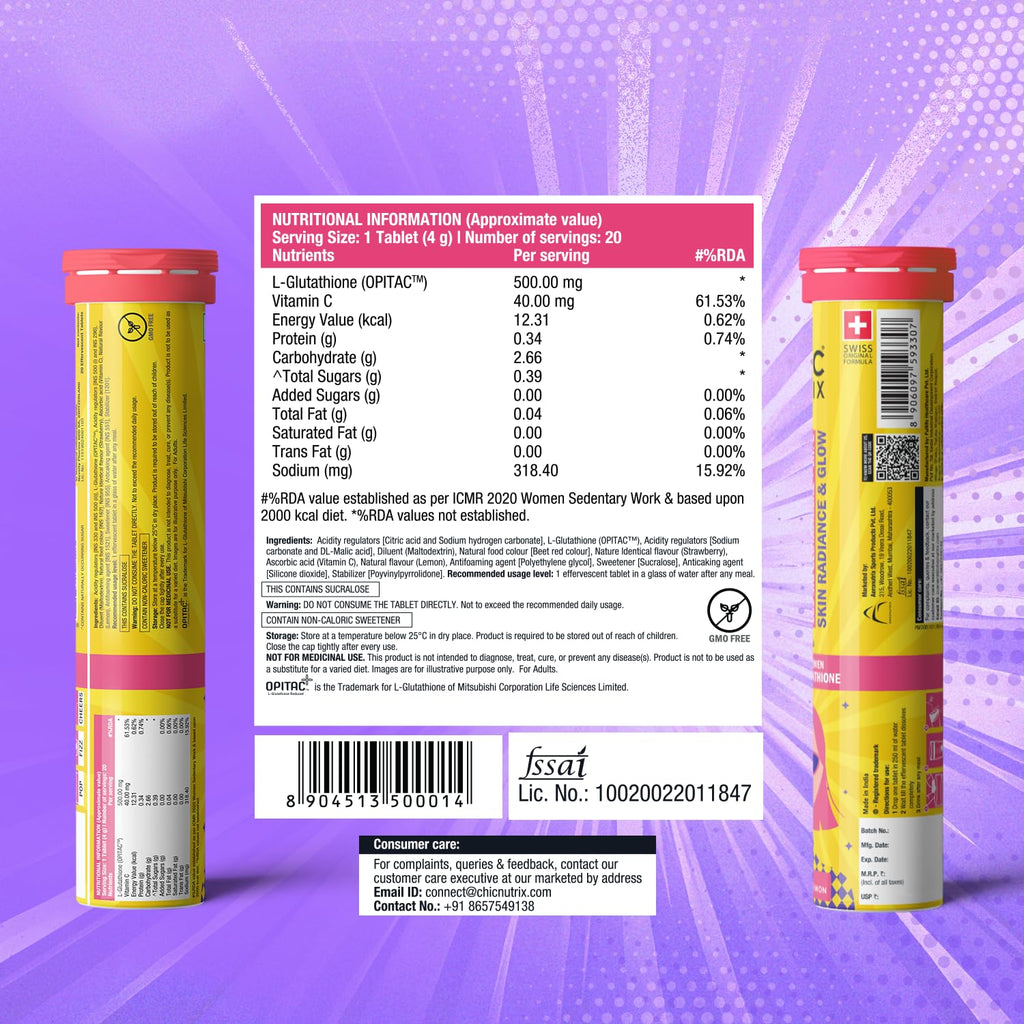 Chicnutrix Glow 500mg Effervescent Tablets - Strawberry & Lemon Flavor, For Glow & Radiance Skin - Distacart