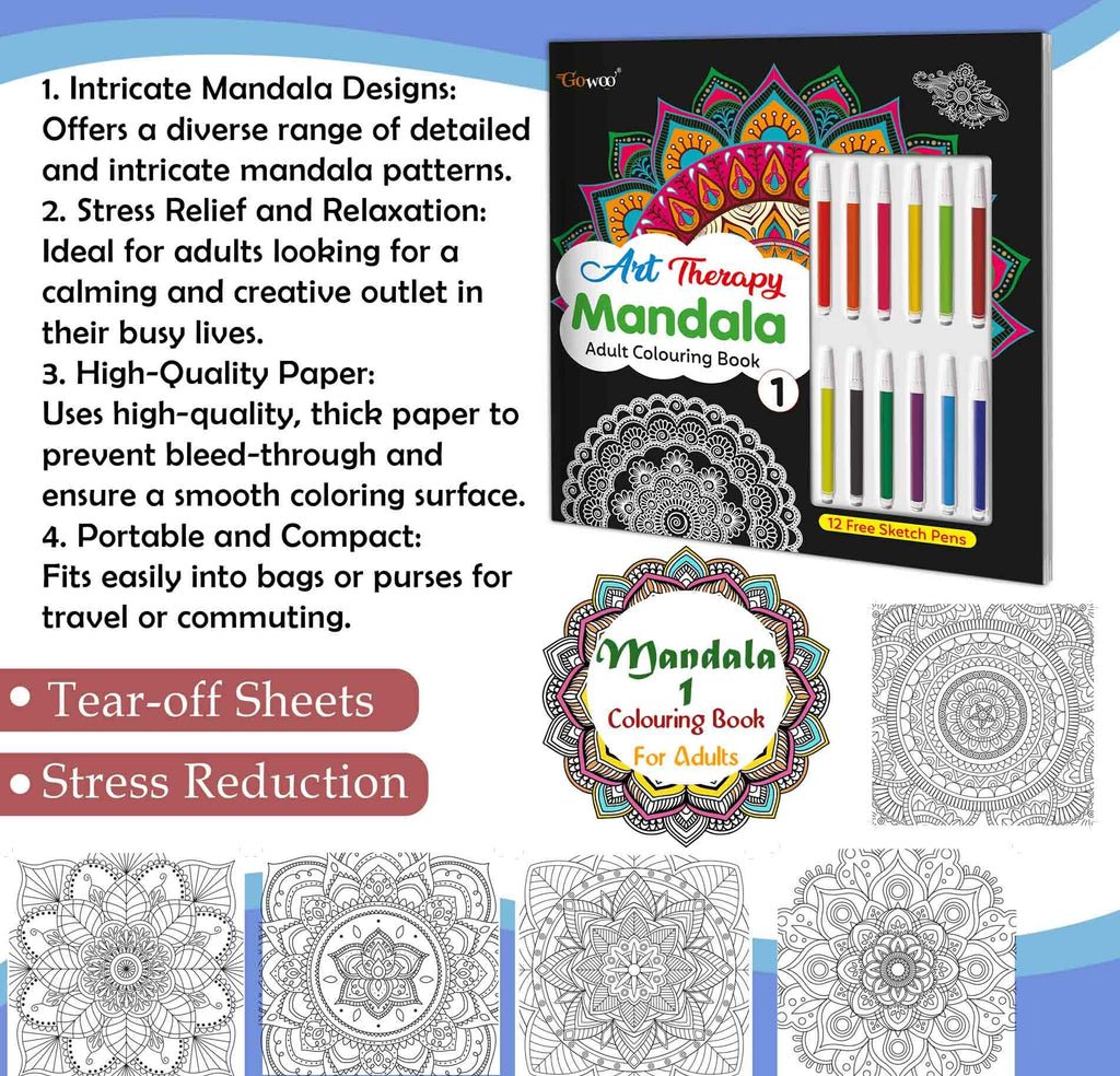 Art Therapy Mandala Adult Colouring Book 1: Mandala Colouring Book, Adult Coloring Book Kit with 12 Sketch Pens, Fun for Adults, Relaxing Coloring workbook