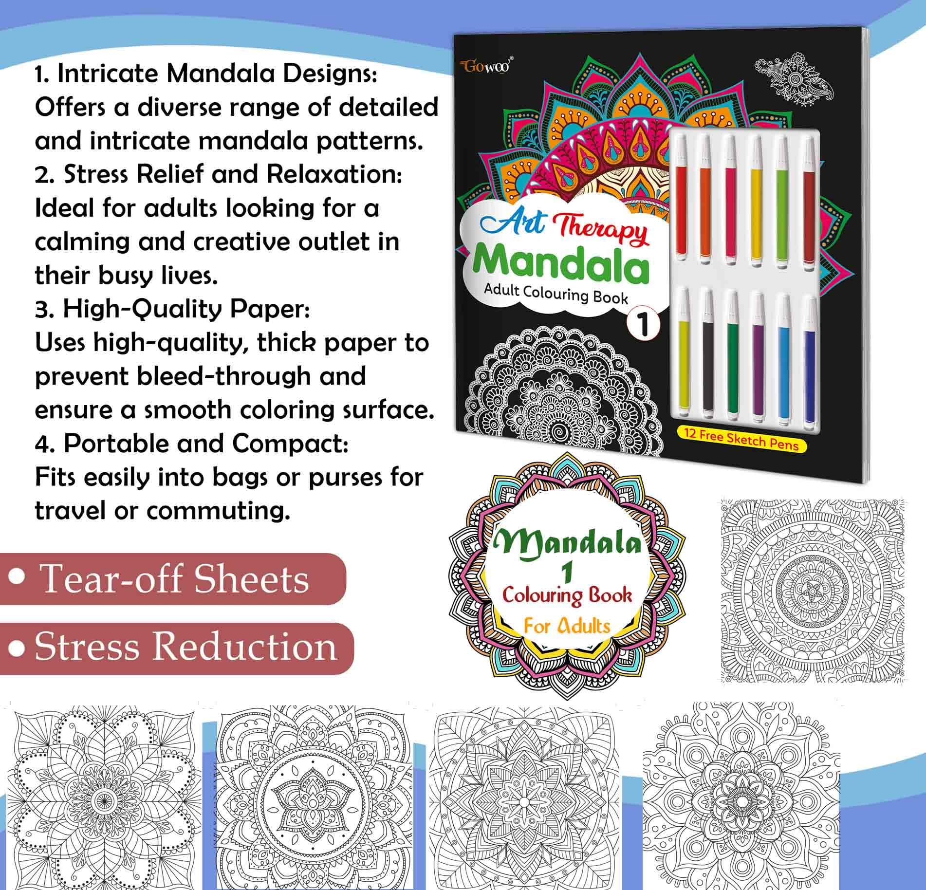 Art Therapy Mandala Adult Colouring Book 1: Mandala Colouring Book, Adult Coloring Book Kit with 12 Sketch Pens, Fun for Adults, Relaxing Coloring workbook