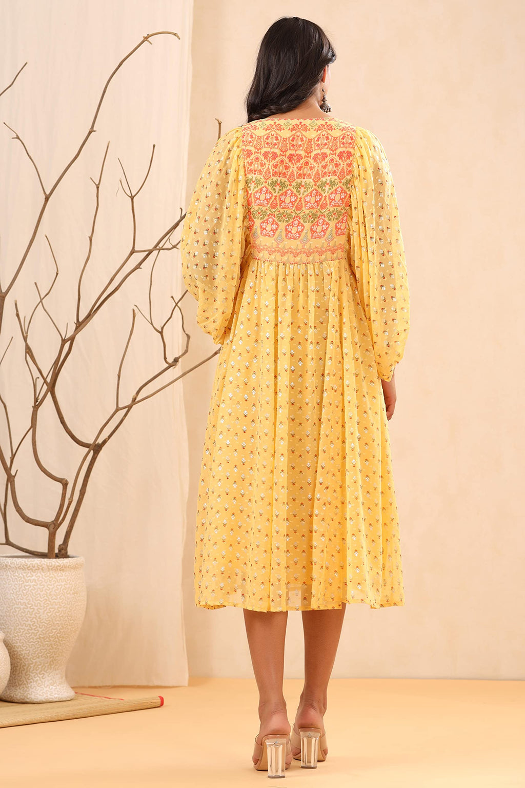 Juniper Women's Yellow Ethnic Motif Printed Georgette Midi Dress With Sequins Work - Distacart
