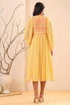 Juniper Women's Yellow Ethnic Motif Printed Georgette Midi Dress With Sequins Work - Distacart