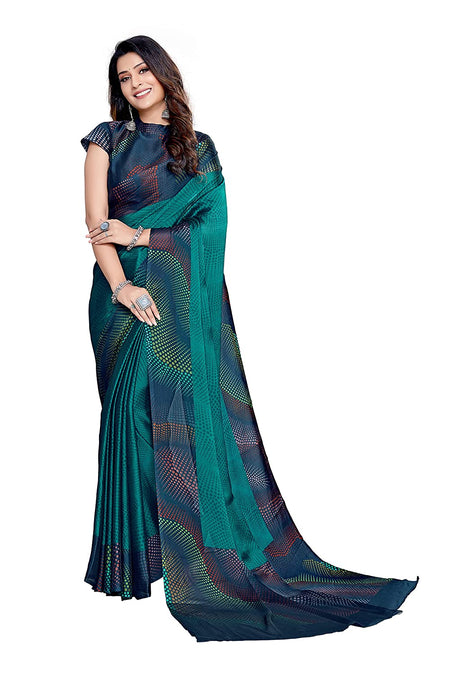 Mirchi Fashion Women's Teal Chiffon Colorful Moire Prints Saree